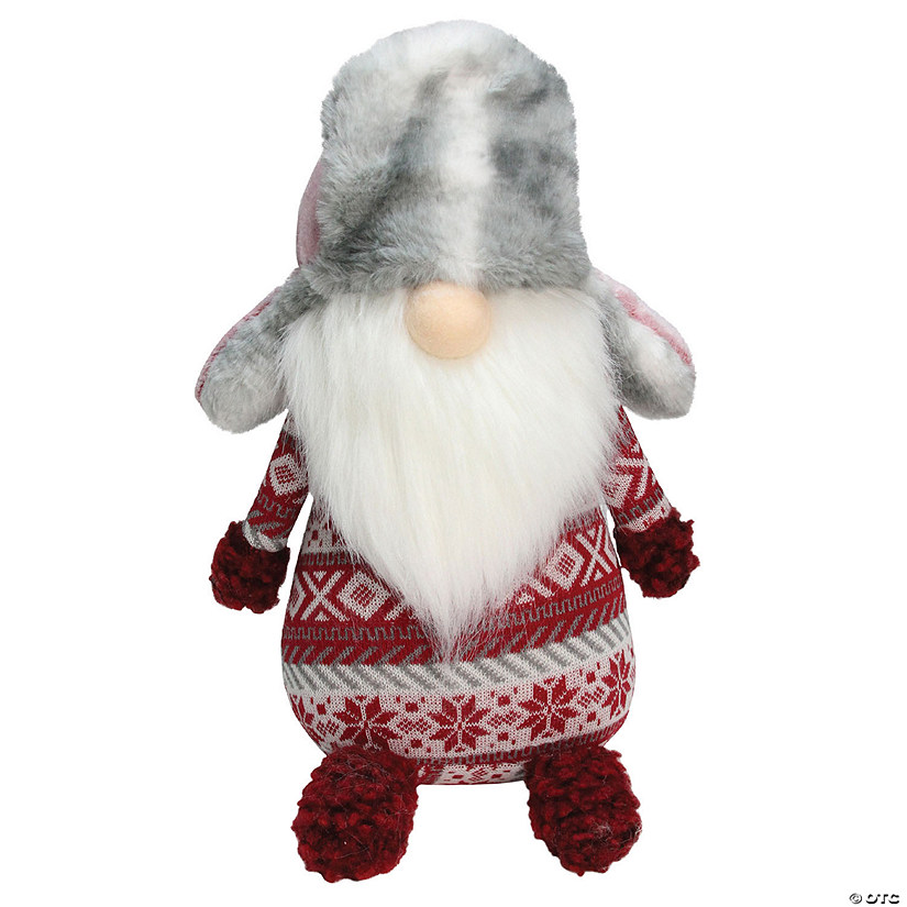 Northlight - 12" Red and White Nordic Gnome with Pink and Grey Fur Trapper Hat Christmas Decoration Image