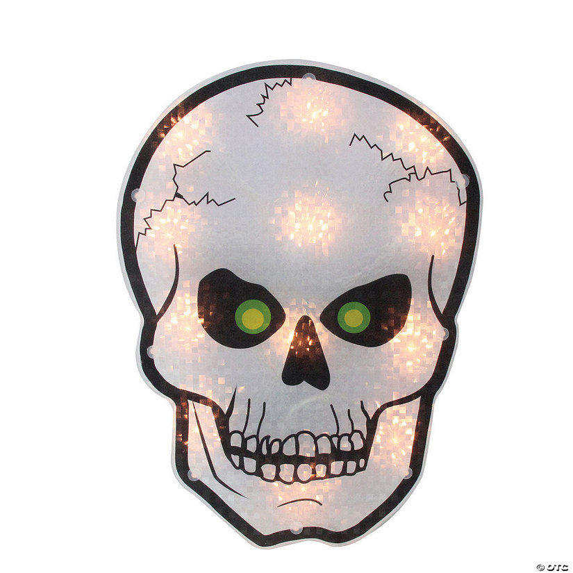 Northlight 12" Silver and Black Holographic Lighted Skull Halloween Window Silhouette Decoration Image