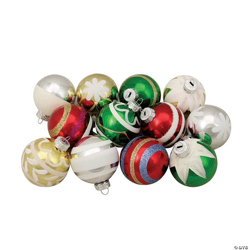 Northlight 12ct Multi Color Vintage Design Glass Ball Christmas Ornaments 2.25" (55mm) Image