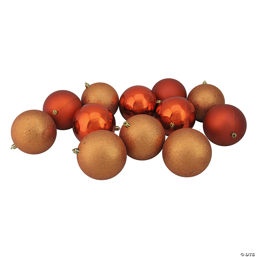 Northlight 12ct Orange Shatterproof 4-Finish Christmas Ball Ornaments 4" (100mm) Image