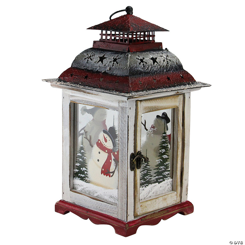 Northlight 14.5" Rustic Red and White Snowman Christmas Scene Candle Lantern Image
