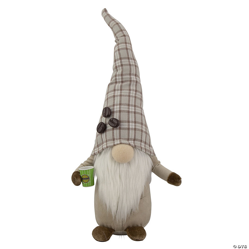 Northlight 14" Beige Plaid Coffee Bean Gnome with Coffee Cup Image