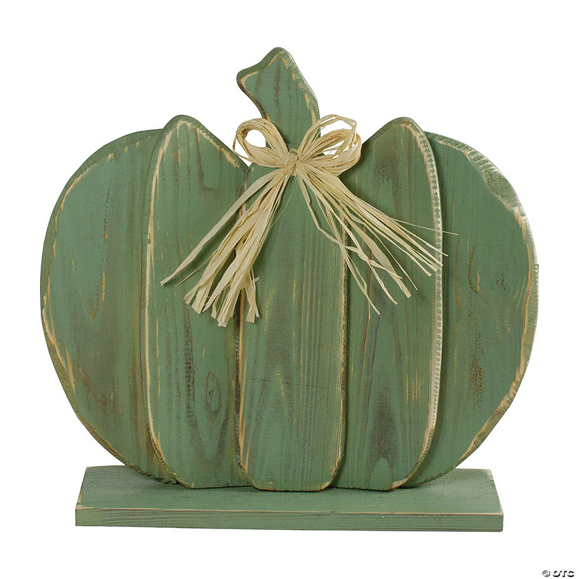 Northlight 14" Green Slatted Halloween Table Top Pumpkin with Bow Image