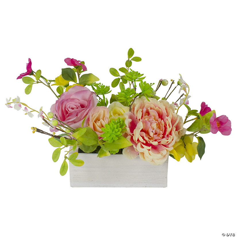 Northlight 14-Inch Pink and Yellow Artificial Roses and Peony Floral Arrangement in Planter Image