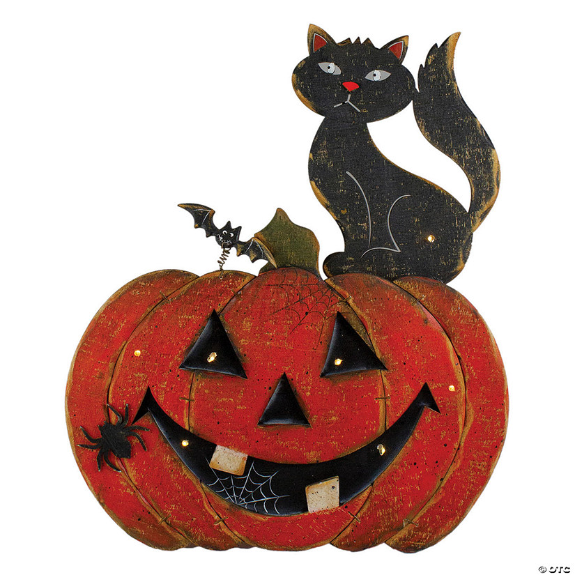 Northlight 14" Lighted Orange and Black Smiling Pumpkin With a Cat and Bats Halloween Tabletop Decor Image