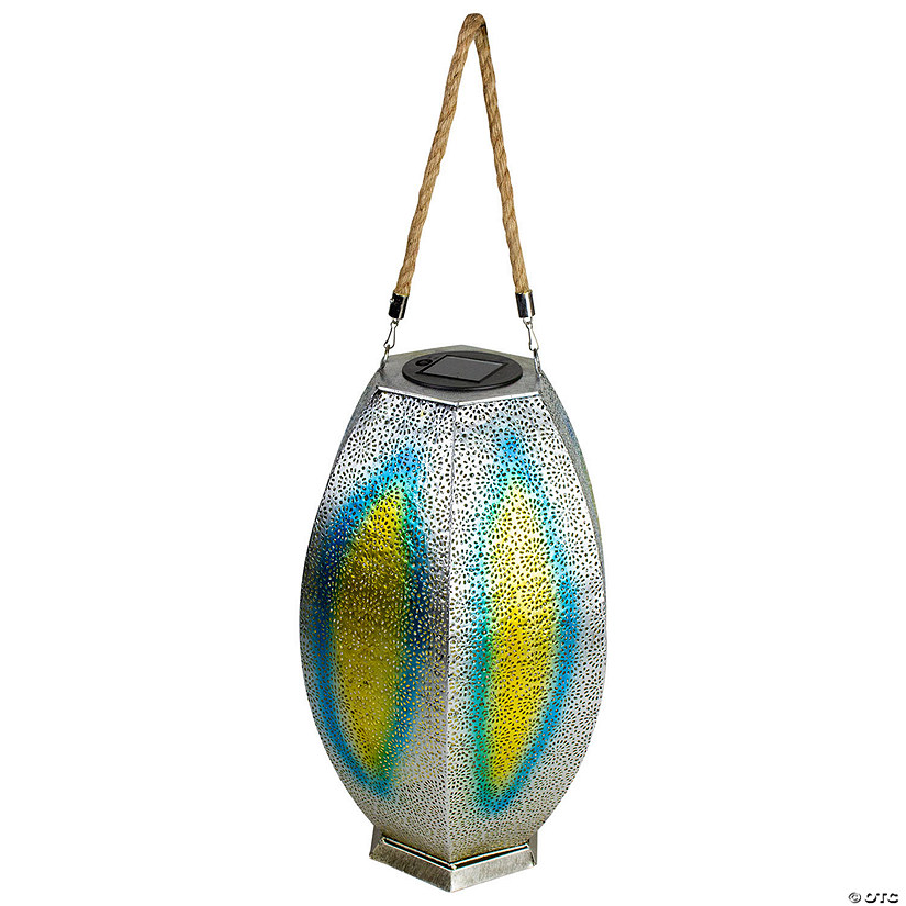 Northlight 15.5" Silver Floral Outdoor Hanging Solar Lantern with Jute Handle Image