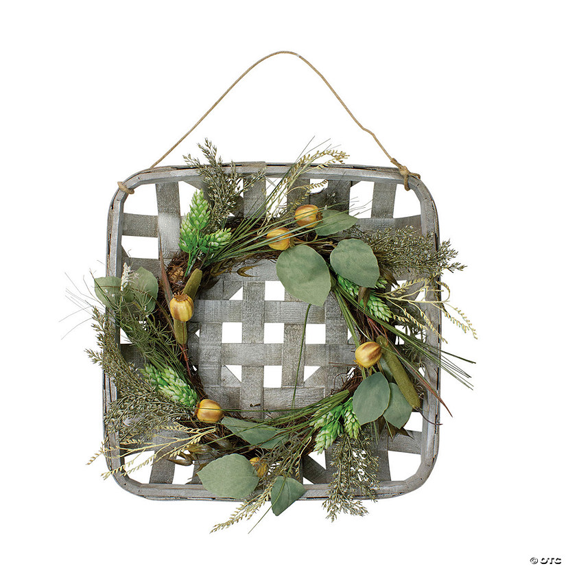Northlight 16 Autumn Harvest Green Hop and Cattail Grapevine Wreath in a Wooden Tray Hanger Image