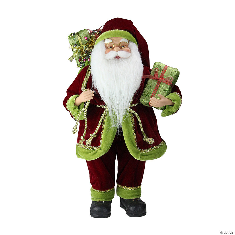 Northlight 16" Grand Imperial Red and Green Santa Claus with Gift Bag Christmas Figure Image