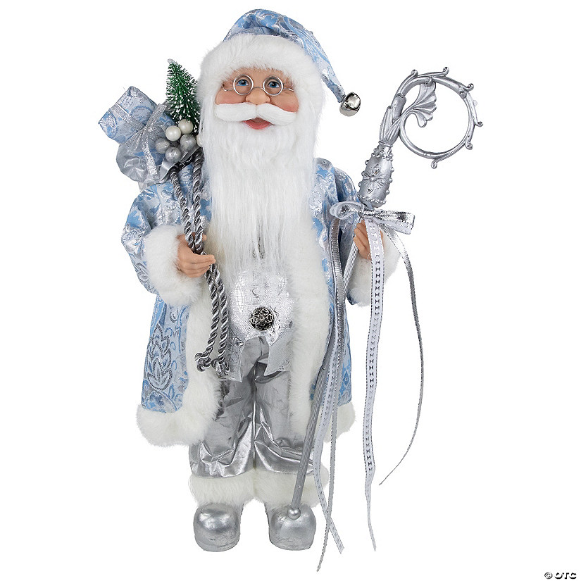 Northlight - 16" Ice Palace Standing Santa Claus Holding A Staff and Bag Christmas Figure Image