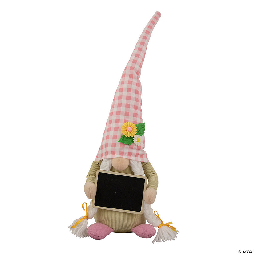 Northlight 16" pink gingham plaid springtime gnome with chalkboard Image