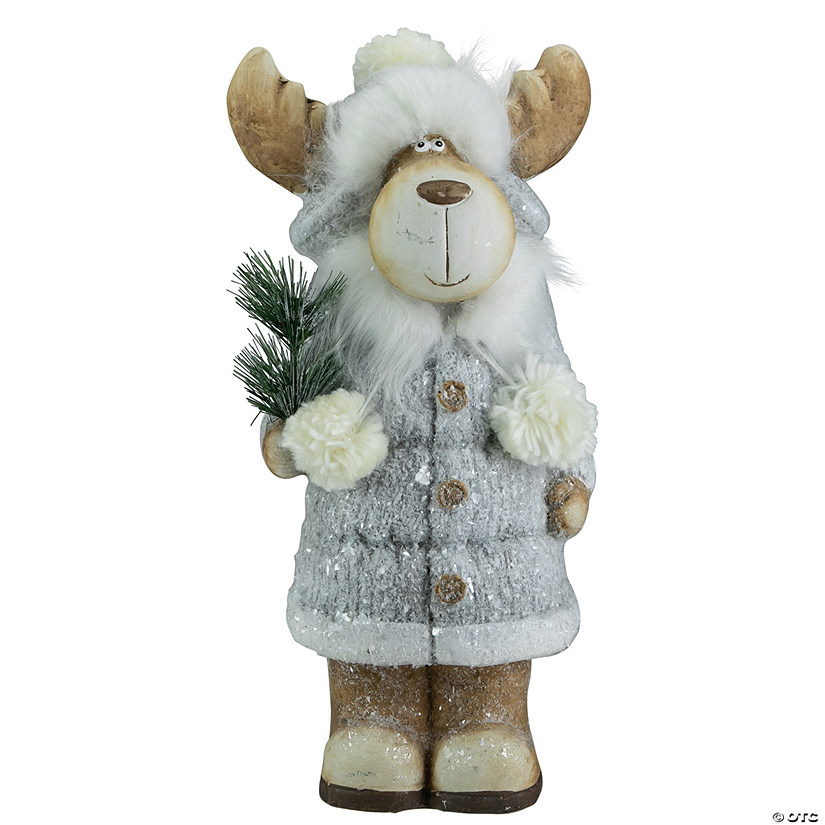 Northlight 18" Ceramic Moose in Gray Coat Holding Pine Sprig Christmas Figure Image