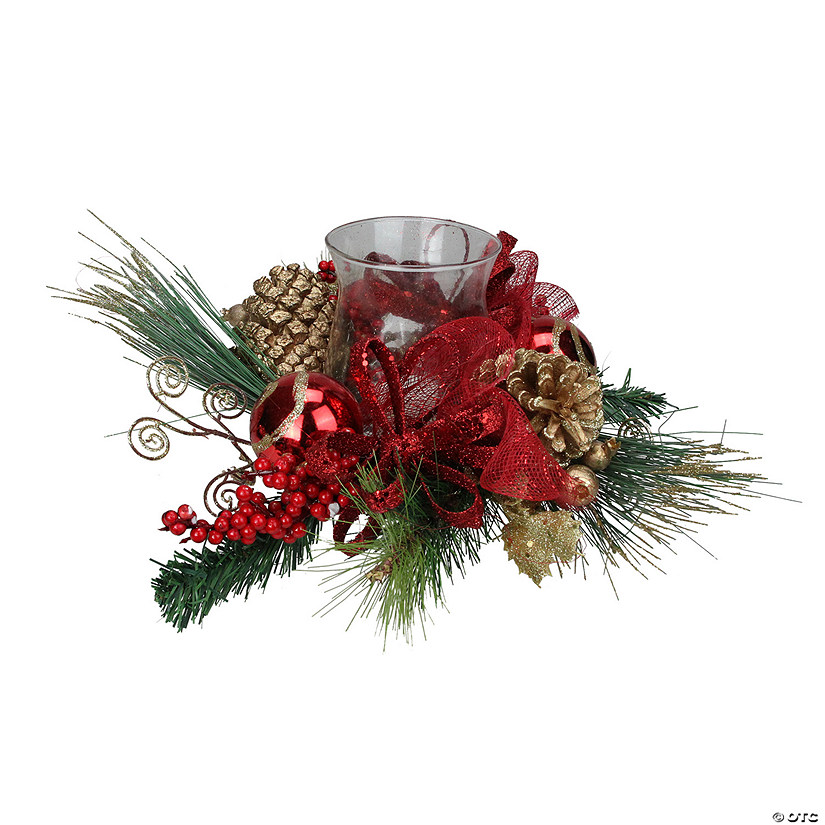 Northlight 18" Pine Sprigs and Glittered Berries Christmas Hurricane Candle Holder Image