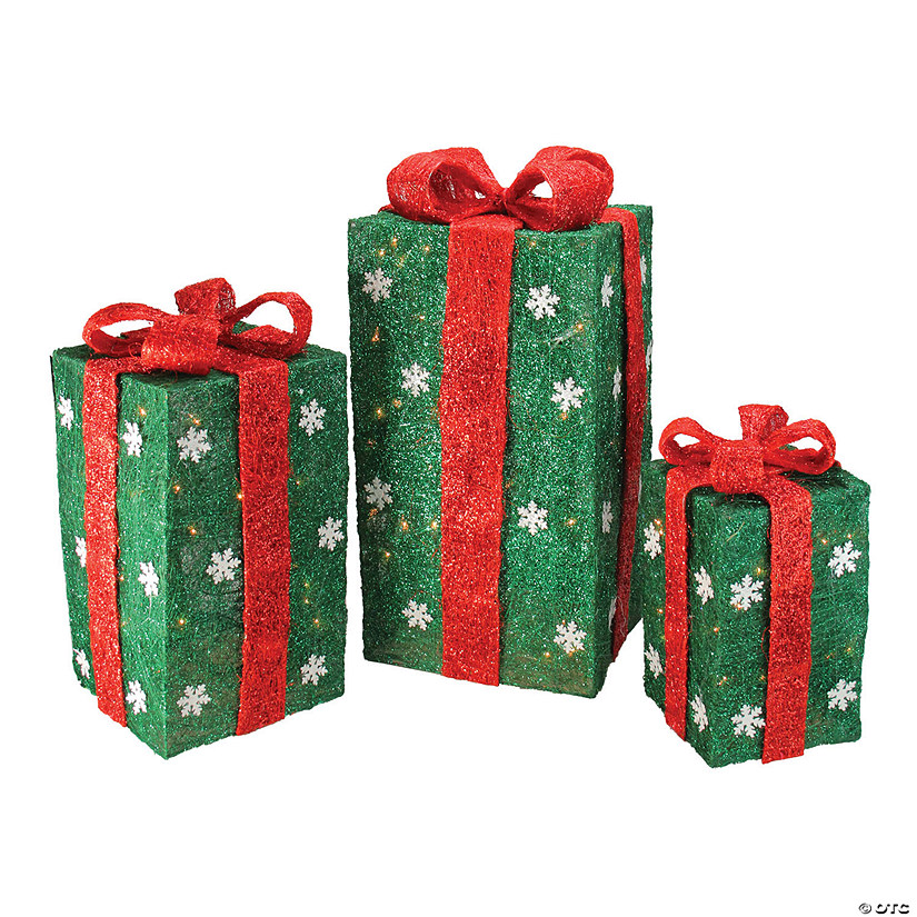 Northlight - 18" Pre-Lit Green and Red Gift Boxes Outdoor Christmas Decor, Set of 3 Image