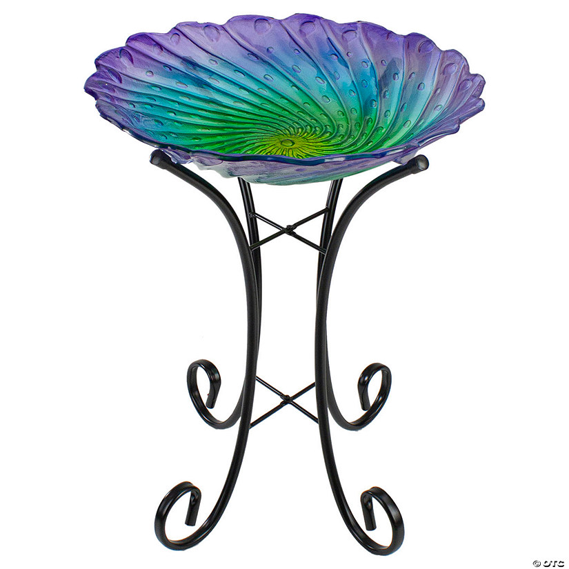 Northlight 18" Purple and Green Swirled Hand Painted Glass Outdoor Birdbath Image