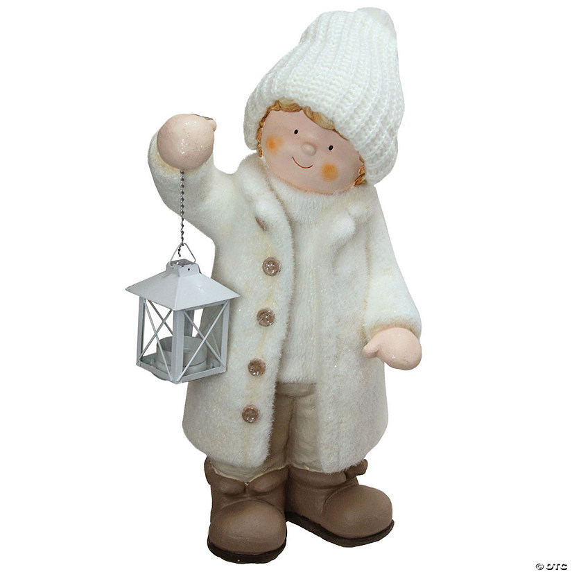 Northlight - 18" White and Brown Winter Boy Tealight Lantern Christmas Table Top Figure Image