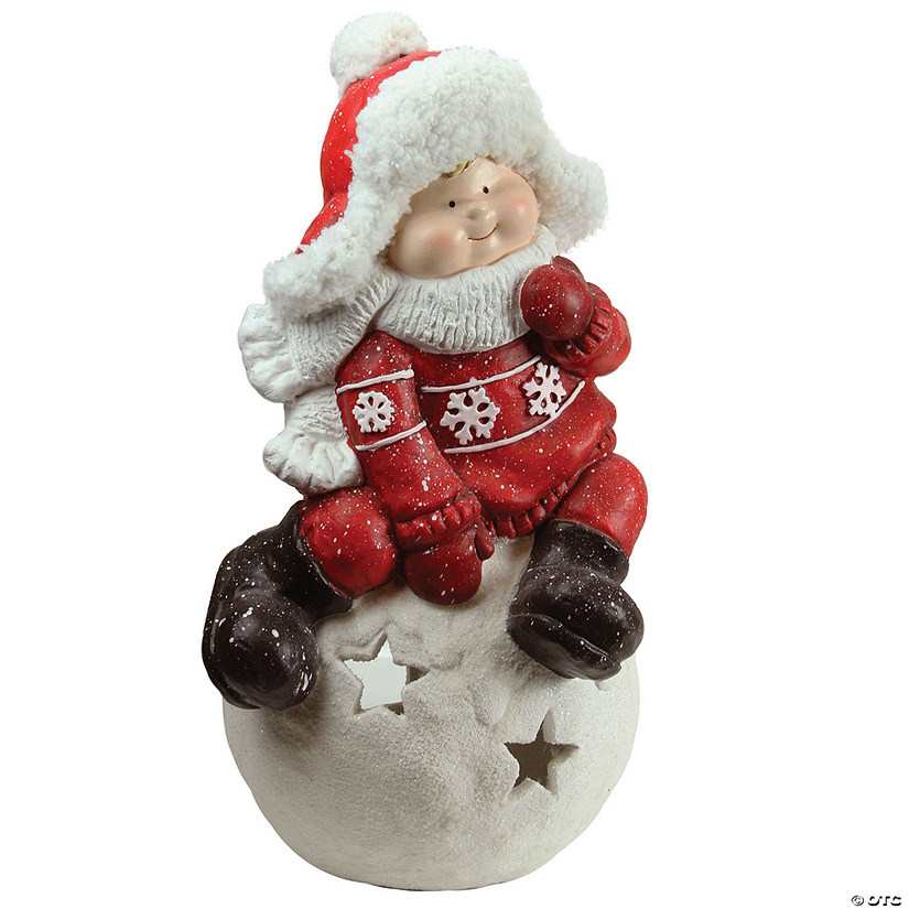 Northlight - 19.25" Red and White Boy on a Snowball Christmas Tealight Candle Holder Image