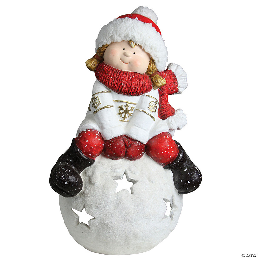 Northlight - 19.25" Red and White Girl on a Snowball Christmas Tealight Candle Holder Image