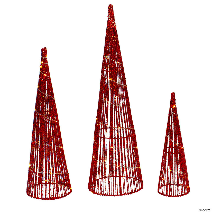 Northlight 2' LED Lighted Red Glitter Cone Tree Outdoor Christmas Decorations, Set of 3 Image