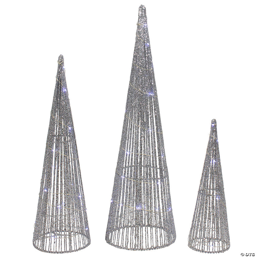 Northlight 2' LED Lighted Silver Glitter Cone Tree Outdoor Christmas Decorations, Set of 3 Image