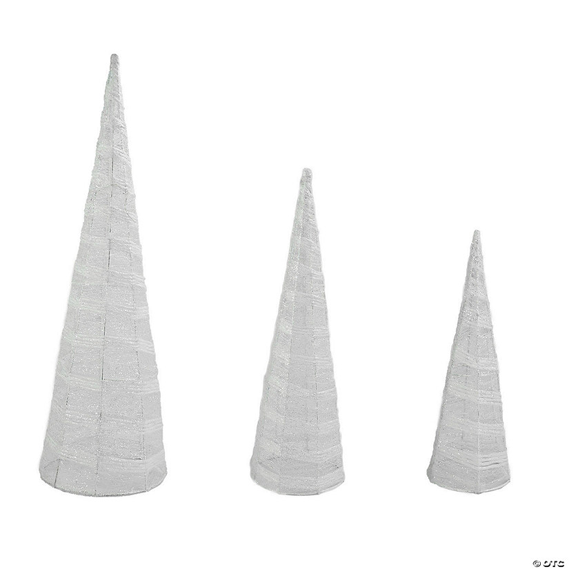Northlight 2' White and Silver Glittered Cone Tree Christmas Table Top Decoration, Set of 3 Image