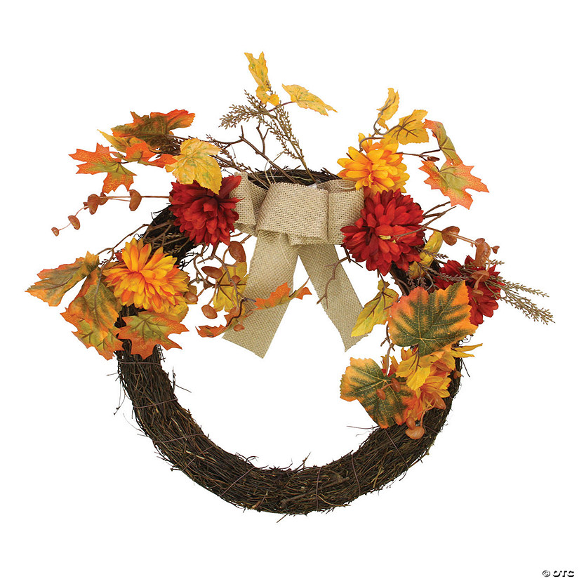 Northlight 20" Leaves with Mums Artificial Fall Twig Wreath Image