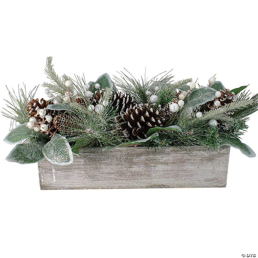 Northlight - 20" Pine Needle and Glitter Berries with Pine Cone Arrangement in a Rustic Wooden Box Centerpiece Image