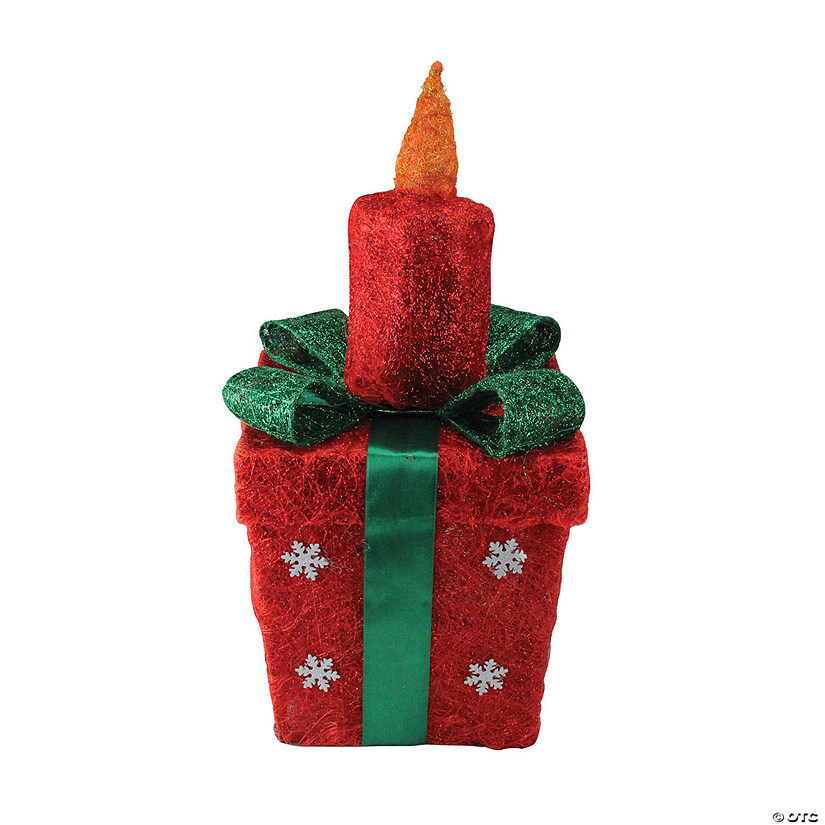 Northlight - 20" Red and Green Lighted Sisal Gift Box with Candle Christmas Outdoor Decoration Image