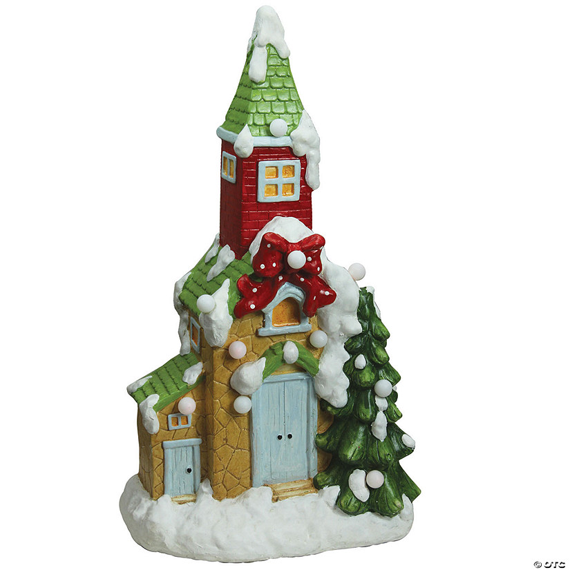 Northlight - 21.25" Green and White Pre-Lit LED Snow Covered Church Christmas Tabletop Figurine Image