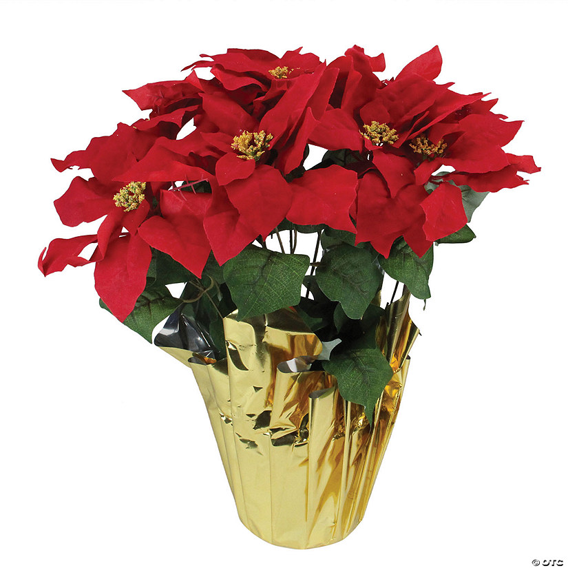 Northlight - 21" Red Artificial Christmas Poinsettia with Gold Wrapped Pot Image