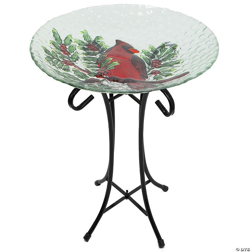 Northlight 21" Red Cardinal and Pine Cone Glass Bird Bath with Stand Image