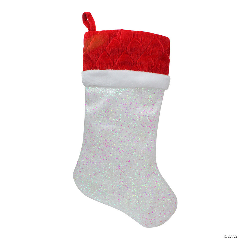 Northlight 22.25" LED Lighted White Iridescent Glittered Christmas Stocking with Red Cuff Image