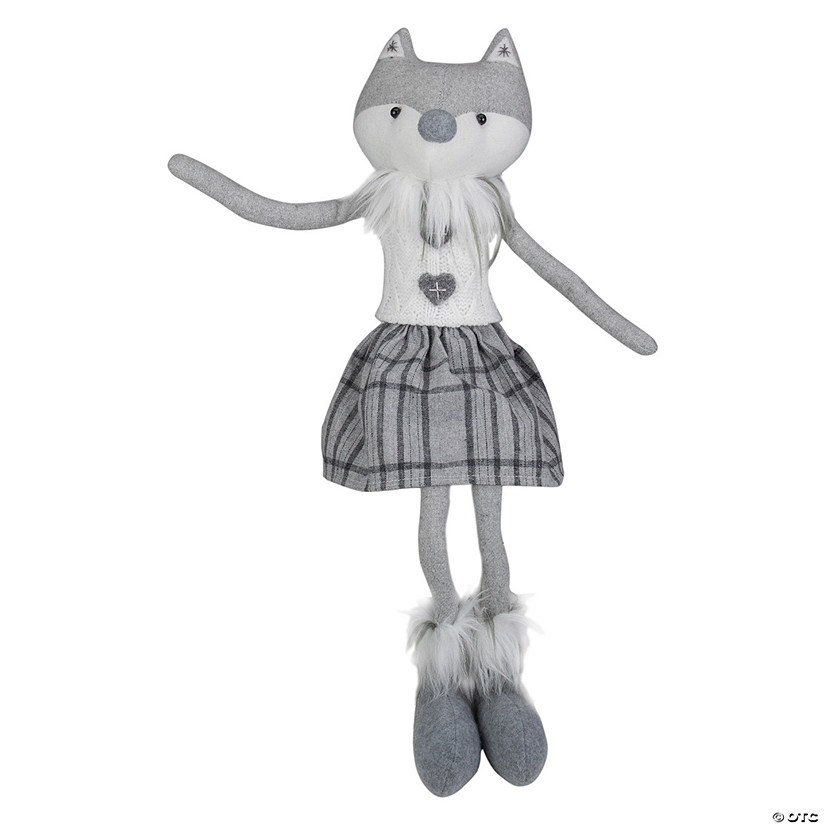 Northlight 22" Gray and White Girl Fox Sitting Christmas Figure with Dangling Legs Image