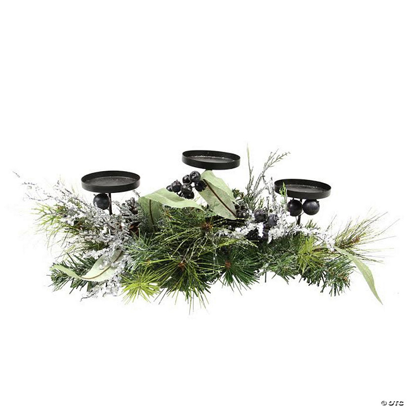 Northlight 22" Green and Silver Mixed Pine with Blueberries Christmas Candle Holder Centerpiece Image