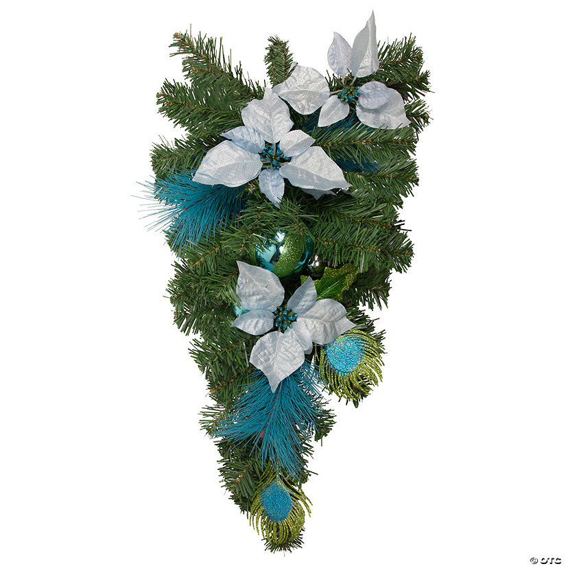 Northlight 22" Peacock Feather and Poinsettia Artificial Christmas Teardrop Swag  Unlit Image