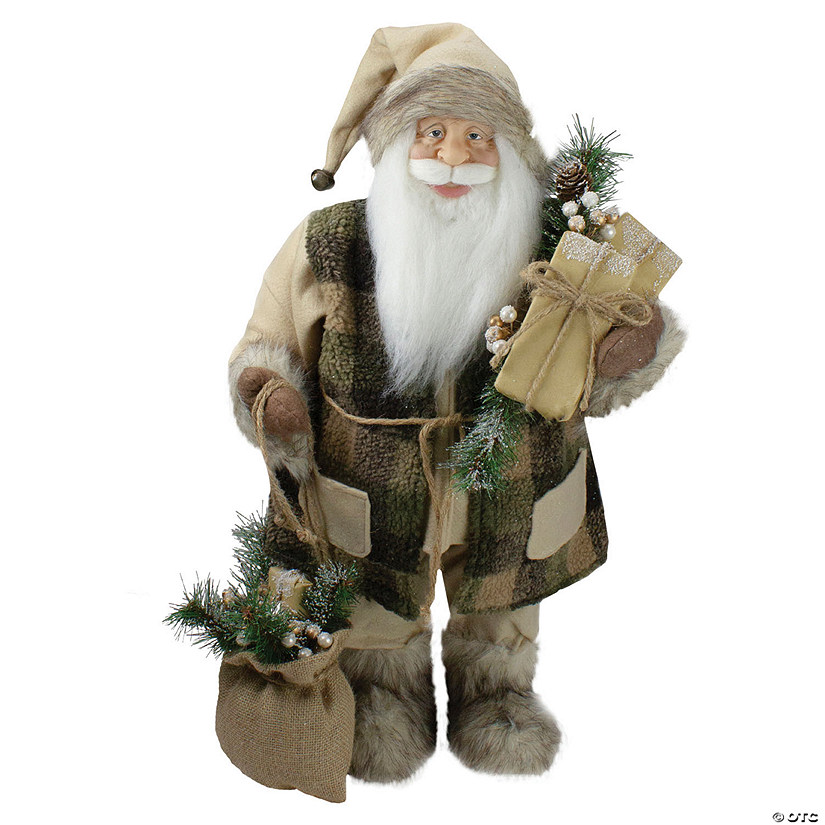 Northlight - 24" Brown Standing Santa Claus in Plaid Suit with Gifts Christmas Figurine Image