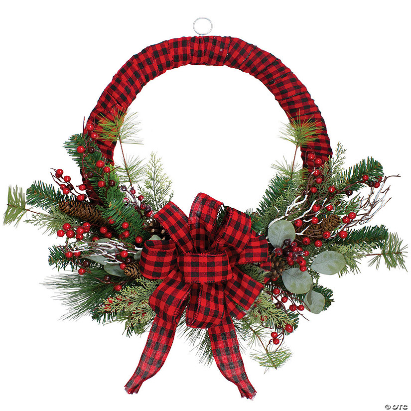 Northlight 24" Buffalo Plaid and Berry Artificial Christmas Wreath - Unlit Image