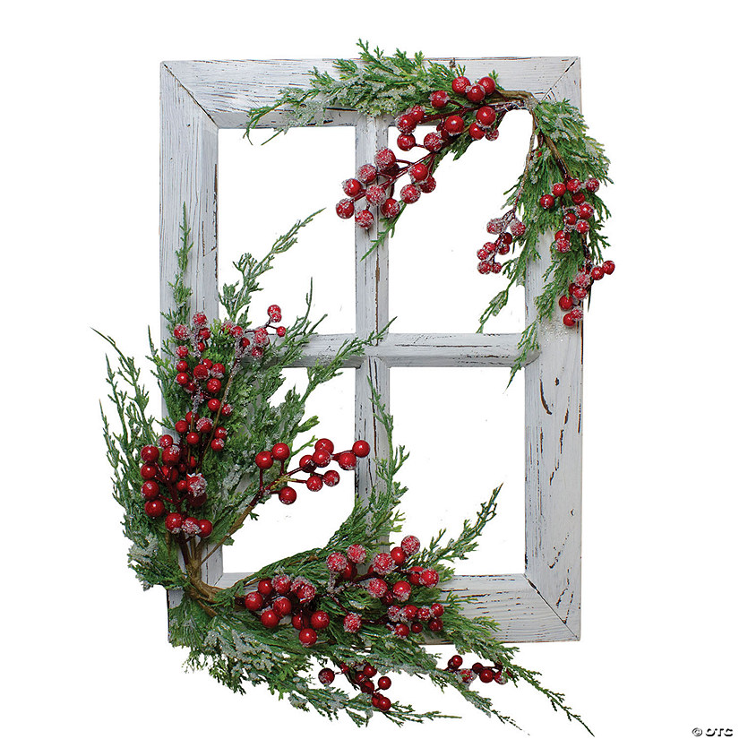 Northlight - 24" White Washed Window with Frosted Berries and Cedar Christmas Wall Decor Image