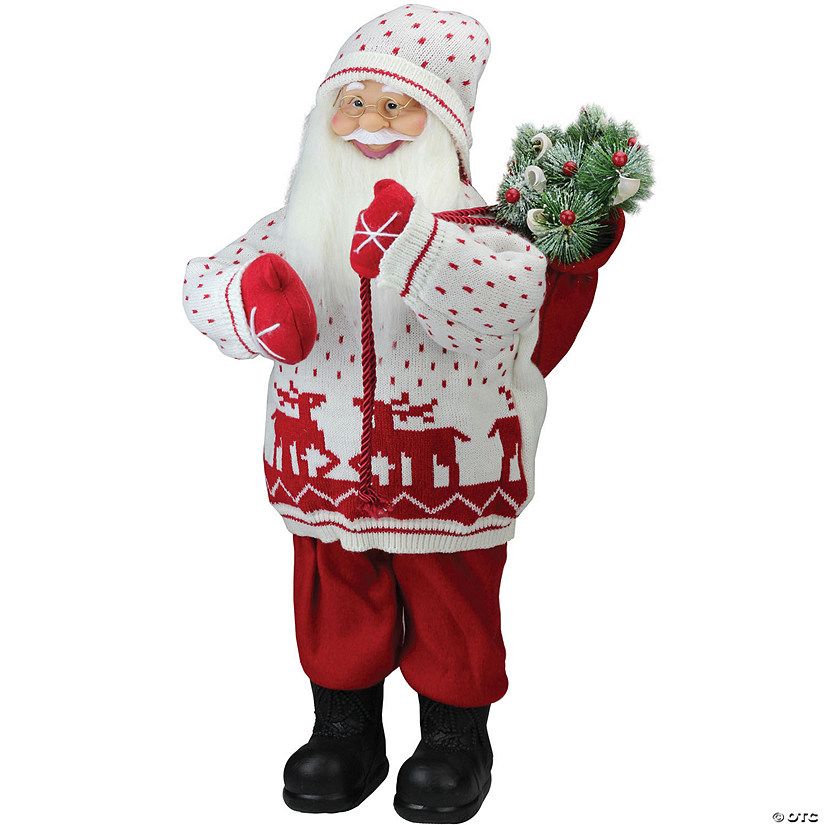 Northlight - 25" White and Red Santa in Knit Deer Sweater with Sack of Pine Figure Decoration Image
