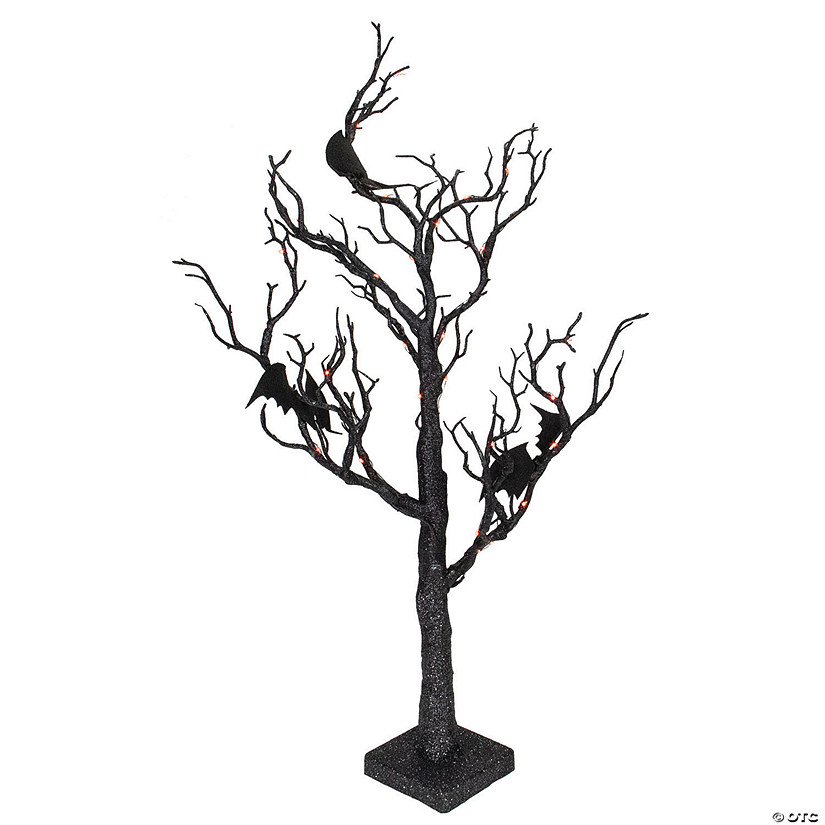 Northlight 26" Black Glitter LED Tabletop Halloween Tree with Bats Image