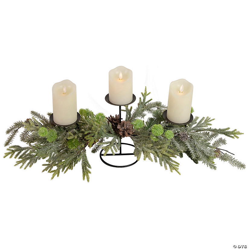 Northlight 26" Triple Candle Holder with Frosted Foliage and Pine Cones Christmas Decor Image