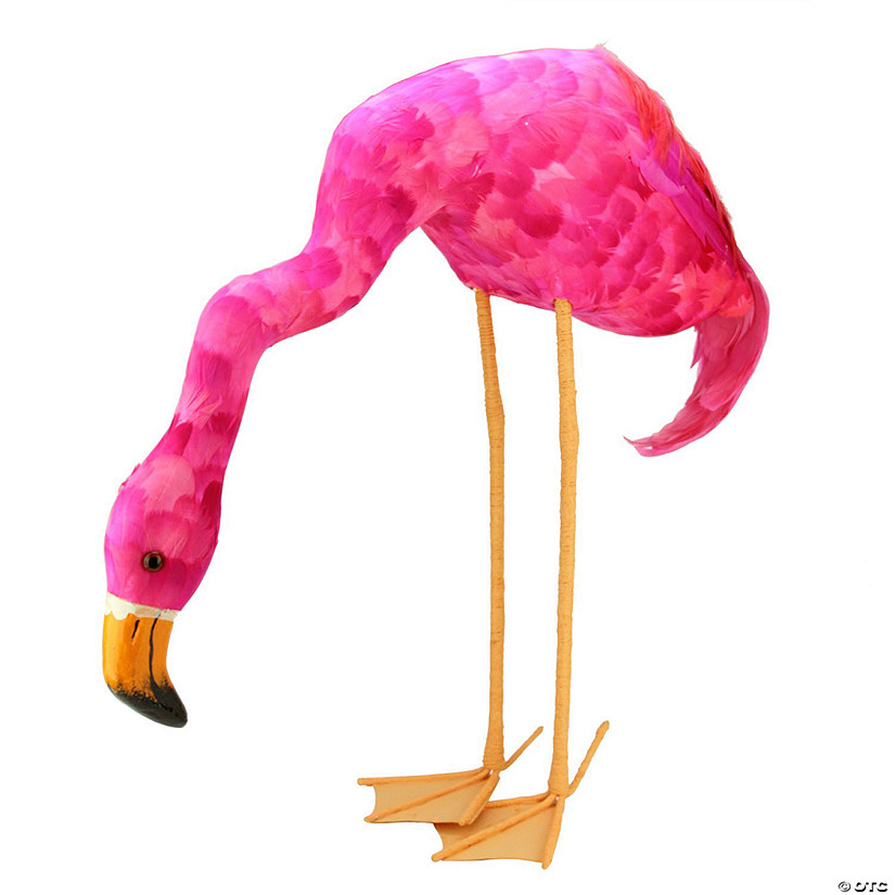 Northlight 27.5" Standing Hot Pink Feathered Flamingo with Head Down Decoration Image