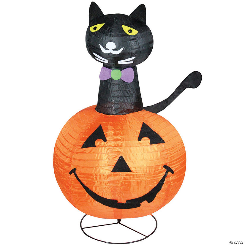 Northlight 3&#39; Orange and Black Lighted Cat on a Pumpkin Outdoor Halloween Yard Decor Image