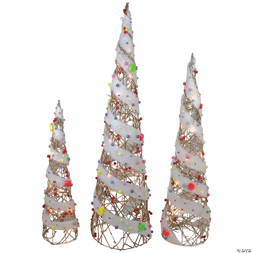 Northlight - 3' Set of 3 Pre-Lit Gold Rattan Candy Covered Cone Tree Outdoor Christmas Decorations Image