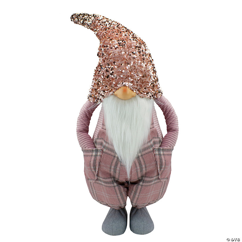 Northlight 30" Pink and Gray Plaid Tall Christmas Gnome Tabletop Figure Image