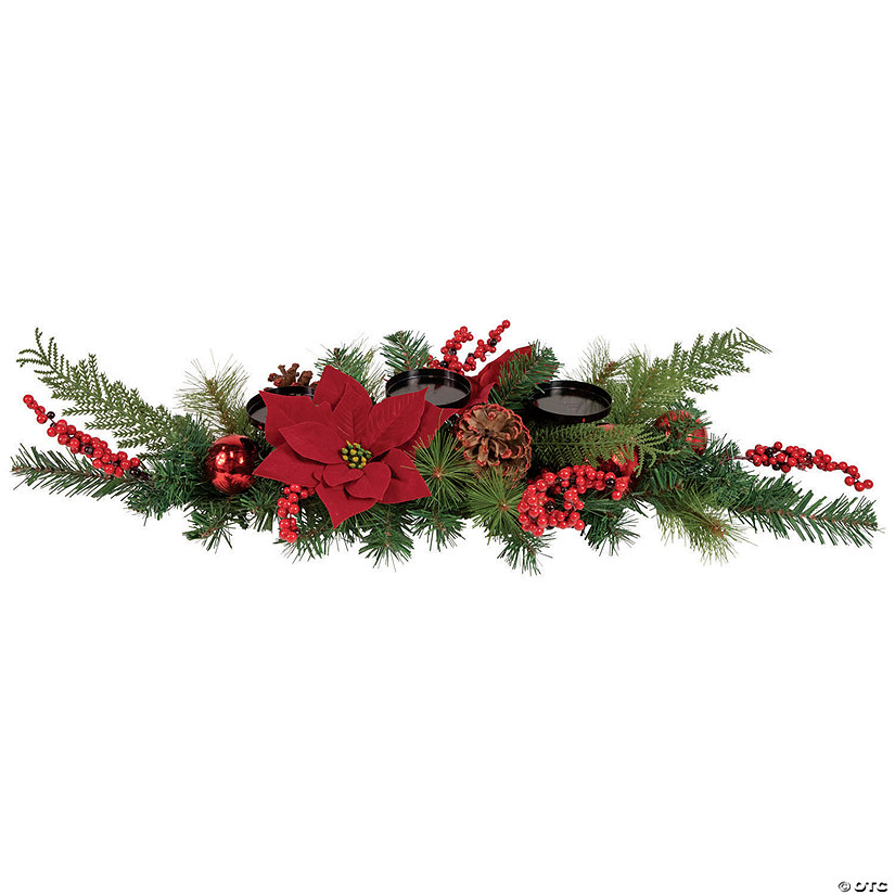 Northlight 32" Artificial Mixed Pine  Berries and Poinsettia Christmas Candle Holder Centerpiece Image