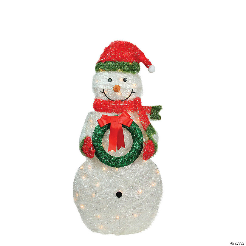 Northlight - 38" White and Red Lighted Tinsel Snowman with Wreath Christmas Outdoor Decoration Image
