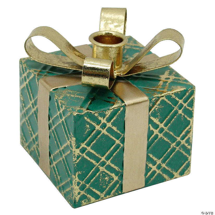 Northlight 4.5" Green Metal Gift Box Christmas Taper Candle Holder Image