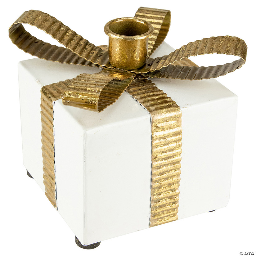 Northlight 4.5" White Metal Gift Box Christmas Taper Candle Holder Image