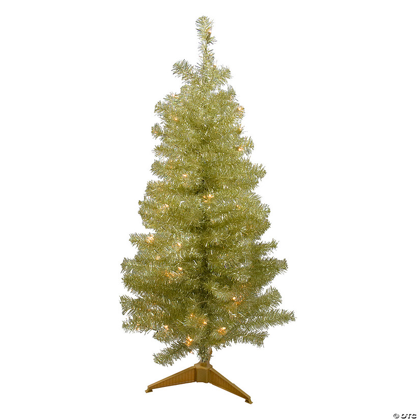 Northlight 4' Pre-Lit Gold Iridescent Tinsel Slim Artificial Christmas Tree - Clear Lights Image
