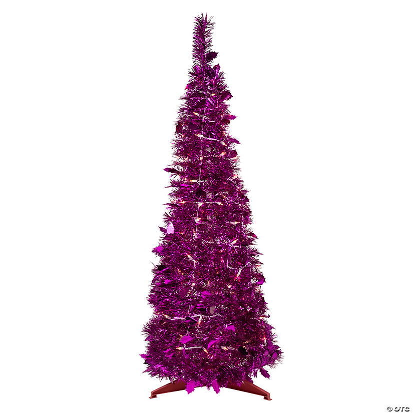 Northlight 4' Pre-Lit Pink Tinsel Pop-Up Artificial Christmas Tree  Clear Lights Image